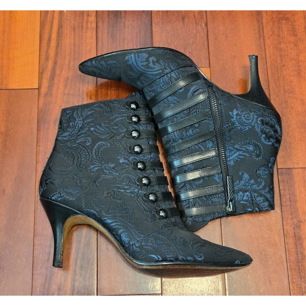 Victorian Style Navy Blue/Black Brocade Heeled Ankle Booties Women's 8